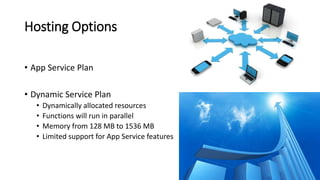 Hosting Options
• App Service Plan
• Dynamic Service Plan
• Dynamically allocated resources
• Functions will run in parallel
• Memory from 128 MB to 1536 MB
• Limited support for App Service features
 