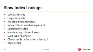 © 2017 Percona10
Slow Index Lookups
• Low cardinality
• Large data sets
• Multiple index traversal
• Index column used as argument
• Looking for suffix
• Non-leading column lookup
• Data type mismatch
• Character Set / Collation mismatch
• MySQL Bug
 