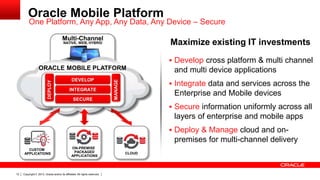 Oracle Mobile Platform

One Platform, Any App, Any Data, Any Device – Secure
Multi-Channel

Maximize existing IT investments

NATIVE, WEB, HYBRID

 Develop cross platform & multi channel
DEVELOP
INTEGRATE
SECURE

MANAGE

DEPLOY

ORACLE MOBILE PLATFORM

and multi device applications
 Integrate data and services across the

Enterprise and Mobile devices
 Secure information uniformly across all

layers of enterprise and mobile apps
 Deploy & Manage cloud and on-

premises for multi-channel delivery
CUSTOM
APPLICATIONS

12

ON-PREMISE
PACKAGED
APPLICATIONS

Copyright © 2013, Oracle and/or its affiliates. All rights reserved.

CLOUD

 