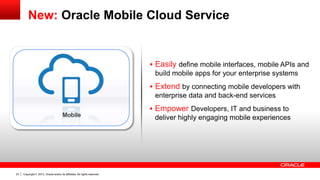 New: Oracle Mobile Cloud Service

 Easily define mobile interfaces, mobile APIs and
build mobile apps for your enterprise systems

 Extend by connecting mobile developers with
enterprise data and back-end services
 Empower Developers, IT and business to
deliver highly engaging mobile experiences

23

Copyright © 2013, Oracle and/or its affiliates. All rights reserved.

 