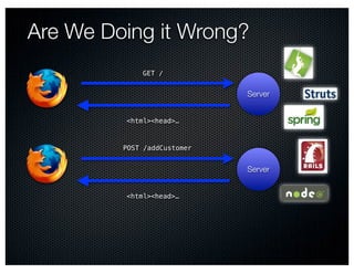 Are We Doing it Wrong?
             GET /


                             Server


         <html><head>…



         POST /addCustomer


                             Server


         <html><head>…
 