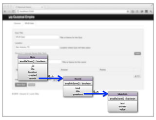 Quiz
enableSave() : boolean
          _id
          title
       location
       created           0..n
        rounds                          Round
                                enableSave() : boolean
                                        kind
                                        title            0..n
                                      questions                       Question
                                                                enableSave() : boolean
                                                                         text
                                                                       answer
                                                                        value
 