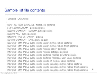 Sample list ﬁle contents
; Selected TOC Entries:
;
1981; 1262 16386 DATABASE - testdb_old postgres
6; 2615 2200 SCHEMA - public postgres
1982; 0 0 COMMENT - SCHEMA public postgres
1983; 0 0 ACL - public postgres
181; 3079 11730 EXTENSION - plpgsql
1984; 0 0 COMMENT - EXTENSION plpgsql
168; 1259 16411 TABLE public testdb_jasper_metrics_tables postgres
169; 1259 16414 TABLE public testdb_jasper_metrics_tables_tmp1 postgres
170; 1259 16417 TABLE public testdb_metrics_activity postgres
171; 1259 16423 TABLE public testdb_metrics_database postgres
172; 1259 16426 TABLE public testdb_postgres_metrics_bgwriter postgres
173; 1259 16429 TABLE public testdb_postgres_metricsio_user_tables postgres
174; 1259 16432 TABLE public testdb_testdb_gf_metrics_tables postgres
175; 1259 16435 TABLE public testdb_testdb_transition_metrics_tables postgres
176; 1259 16438 TABLE public testdb_testdb_transition_metrics_tables_tmp1 postgres
177; 1259 16441 TABLE public testdb_testdb_transition_metrics_tables_tmp2 postgres
34
Wednesday, September 18, 13
 