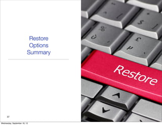 Restore
Options
Summary
37
Wednesday, September 18, 13
 