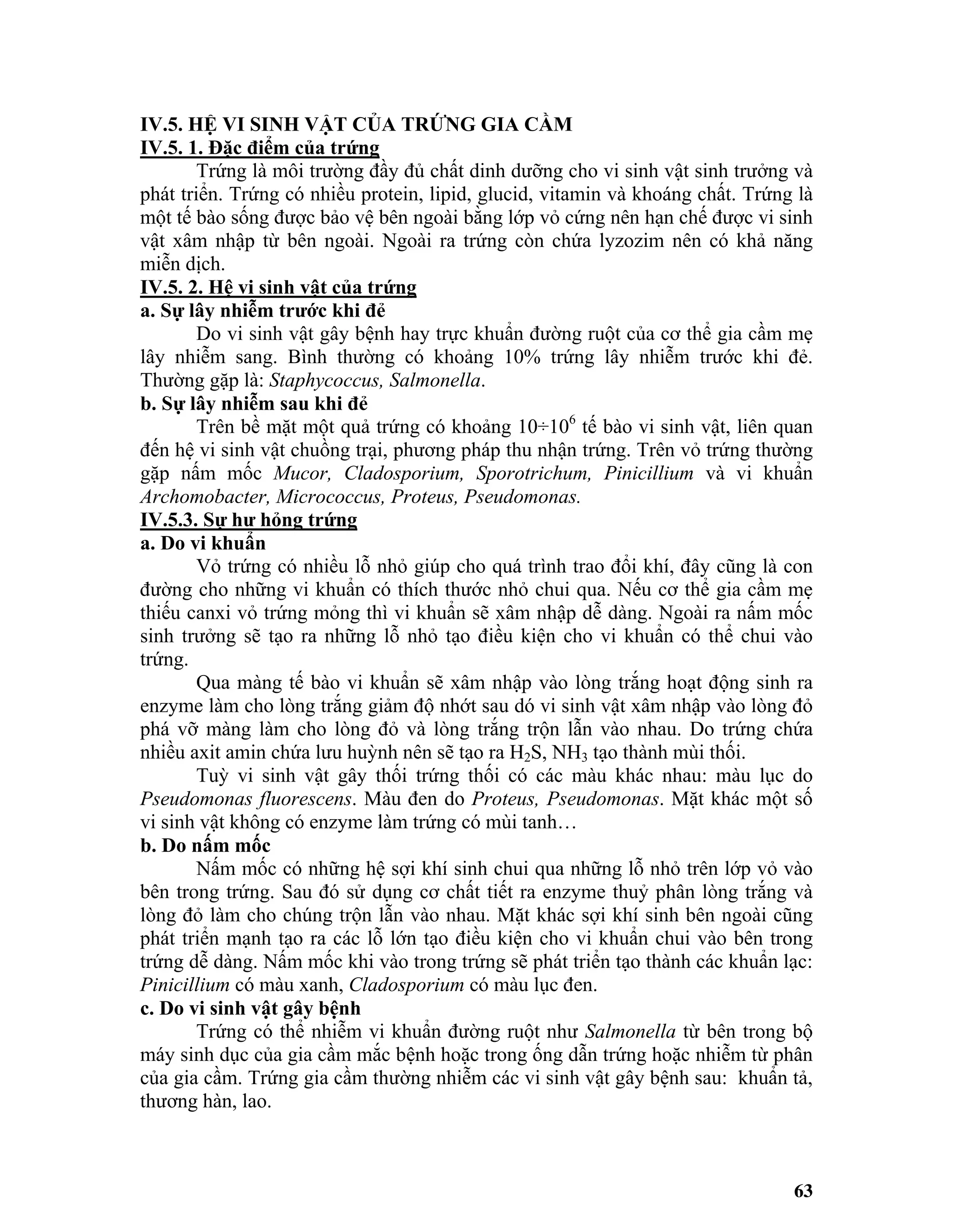 IV.5. HỆ VI SINH VẬT CỦA TRỨNG GIA CẦM
IV.5. 1. Đặc điểm của trứng
Trứng là môi trường đầy đủ chất dinh dưỡng cho vi sinh vật sinh trưởng và
phát triển. Trứng có nhiều protein, lipid, glucid, vitamin và khoáng chất. Trứng là
một tế bào sống được bảo vệ bên ngoài bằng lớp vỏ cứng nên hạn chế được vi sinh
vật xâm nhập từ bên ngoài. Ngoài ra trứng còn chứa lyzozim nên có khả năng
miễn dịch.
IV.5. 2. Hệ vi sinh vật của trứng
a. Sự lây nhiễm trước khi đẻ
Do vi sinh vật gây bệnh hay trực khuẩn đường ruột của cơ thể gia cầm mẹ
lây nhiễm sang. Bình thường có khoảng 10% trứng lây nhiễm trước khi đẻ.
Thường gặp là: Staphycoccus, Salmonella.
b. Sự lây nhiễm sau khi đẻ
Trên bề mặt một quả trứng có khoảng 10÷106
tế bào vi sinh vật, liên quan
đến hệ vi sinh vật chuồng trại, phương pháp thu nhận trứng. Trên vỏ trứng thường
gặp nấm mốc Mucor, Cladosporium, Sporotrichum, Pinicillium và vi khuẩn
Archomobacter, Micrococcus, Proteus, Pseudomonas.
IV.5.3. Sự hư hỏng trứng
a. Do vi khuẩn
Vỏ trứng có nhiều lỗ nhỏ giúp cho quá trình trao đổi khí, đây cũng là con
đường cho những vi khuẩn có thích thước nhỏ chui qua. Nếu cơ thể gia cầm mẹ
thiếu canxi vỏ trứng mỏng thì vi khuẩn sẽ xâm nhập dễ dàng. Ngoài ra nấm mốc
sinh trưởng sẽ tạo ra những lỗ nhỏ tạo điều kiện cho vi khuẩn có thể chui vào
trứng.
Qua màng tế bào vi khuẩn sẽ xâm nhập vào lòng trắng hoạt động sinh ra
enzyme làm cho lòng trắng giảm độ nhớt sau dó vi sinh vật xâm nhập vào lòng đỏ
phá vỡ màng làm cho lòng đỏ và lòng trắng trộn lẫn vào nhau. Do trứng chứa
nhiều axit amin chứa lưu huỳnh nên sẽ tạo ra H2S, NH3 tạo thành mùi thối.
Tuỳ vi sinh vật gây thối trứng thối có các màu khác nhau: màu lục do
Pseudomonas fluorescens. Màu đen do Proteus, Pseudomonas. Mặt khác một số
vi sinh vật không có enzyme làm trứng có mùi tanh…
b. Do nấm mốc
Nấm mốc có những hệ sợi khí sinh chui qua những lỗ nhỏ trên lớp vỏ vào
bên trong trứng. Sau đó sử dụng cơ chất tiết ra enzyme thuỷ phân lòng trắng và
lòng đỏ làm cho chúng trộn lẫn vào nhau. Mặt khác sợi khí sinh bên ngoài cũng
phát triển mạnh tạo ra các lỗ lớn tạo điều kiện cho vi khuẩn chui vào bên trong
trứng dễ dàng. Nấm mốc khi vào trong trứng sẽ phát triển tạo thành các khuẩn lạc:
Pinicillium có màu xanh, Cladosporium có màu lục đen.
c. Do vi sinh vật gây bệnh
Trứng có thể nhiễm vi khuẩn đường ruột như Salmonella từ bên trong bộ
máy sinh dục của gia cầm mắc bệnh hoặc trong ống dẫn trứng hoặc nhiễm từ phân
của gia cầm. Trứng gia cầm thường nhiễm các vi sinh vật gây bệnh sau: khuẩn tả,
thương hàn, lao.
63
 