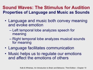 Sound Waves: The Stimulus for Audition Properties of Language and Music as Sounds Language and music both convey meaning and evoke emotion Left temporal lobe analyzes speech for meaning Right temporal lobe analyzes musical sounds for meaning Language facilitates communication Music helps us to regulate our emotions and affect the emotions of others Kolb & Whishaw, An Introduction to Brain and Behavior, Third Edition - Chapter 10 