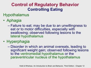 Control of Regulatory Behavior Controlling Eating Hypothalamus Aphagia Failure to eat; may be due to an unwillingness to eat or to motor difficulties, especially with swallowing; observed following lesions to the  lateral hypothalamus Hyperphagia Disorder in which an animal overeats, leading to significant weight gain; observed following lesions to the  ventromedial hypothalamus  or the  paraventricular nucleus of the hypothalamus Kolb & Whishaw, An Introduction to Brain and Behavior, Third Edition - Chapter 12 