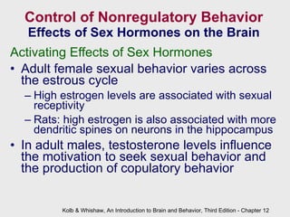 Control of Nonregulatory Behavior Effects of Sex Hormones on the Brain Activating Effects of Sex Hormones Adult female sexual behavior varies across the estrous cycle High estrogen levels are associated with sexual receptivity Rats: high estrogen is also associated with more dendritic spines on neurons in the hippocampus In adult males, testosterone levels influence the motivation to seek sexual behavior and the production of copulatory behavior Kolb & Whishaw, An Introduction to Brain and Behavior, Third Edition - Chapter 12 