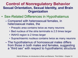 Control of Nonregulatory Behavior Sexual Orientation, Sexual Identity, and Brain Organization Sex-Related Differences in Hypothalamus Compared with heterosexual females, in heterosexual males, the Preoptic area contains twice as many neurons Bed nucleus of the stria terminalis is 2.5 times larger INAH3 region is 2 times larger Suprachiasmic nucleus contains twice as many neurons The hypothalamus of homosexual males differs from those in both males and females, suggesting a “third sex” with respect to hypothalamic structure Kolb & Whishaw, An Introduction to Brain and Behavior, Third Edition - Chapter 12 