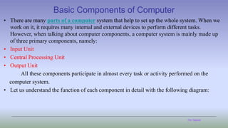 The Teacher
Basic Components of Computer
• There are many parts of a computer system that help to set up the whole system. When we
work on it, it requires many internal and external devices to perform different tasks.
However, when talking about computer components, a computer system is mainly made up
of three primary components, namely:
• Input Unit
• Central Processing Unit
• Output Unit
All these components participate in almost every task or activity performed on the
computer system.
• Let us understand the function of each component in detail with the following diagram:
 