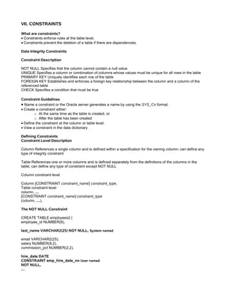 VII. CONSTRAINTS

What are constraints?
• Constraints enforce rules at the table level.
• Constraints prevent the deletion of a table if there are dependencies.

Data Integrity Constraints

Constraint Description

NOT NULL Specifies that the column cannot contain a null value
UNIQUE Specifies a column or combination of columns whose values must be unique for all rows in the table
PRIMARY KEY Uniquely identifies each row of the table
FOREIGN KEY Establishes and enforces a foreign key relationship between the column and a column of the
referenced table
CHECK Specifies a condition that must be true

Constraint Guidelines
• Name a constraint or the Oracle server generates a name by using the SYS_Cn format.
• Create a constraint either:
        o At the same time as the table is created, or
        o After the table has been created
• Define the constraint at the column or table level.
• View a constraint in the data dictionary

Defining Constraints
Constraint Level Description

Column References a single column and is defined within a specification for the owning column; can define any
type of integrity constraint

Table References one or more columns and is defined separately from the definitions of the columns in the
table; can define any type of constraint except NOT NULL

Column constraint level

Column [CONSTRAINT constraint_name] constraint_type,
Table constraint level
column, …
[CONSTRAINT constraint_name] constraint_type
(column, …),

The NOT NULL Constraint

CREATE TABLE employees2 (
employee_id NUMBER(6),

last_name VARCHAR2(25) NOT NULL, System named

email VARCHAR2(25),
salary NUMBER(8,2),
commission_pct NUMBER(2,2),

hire_date DATE
CONSTRAINT emp_hire_date_nn User named
NOT NULL,
…
 