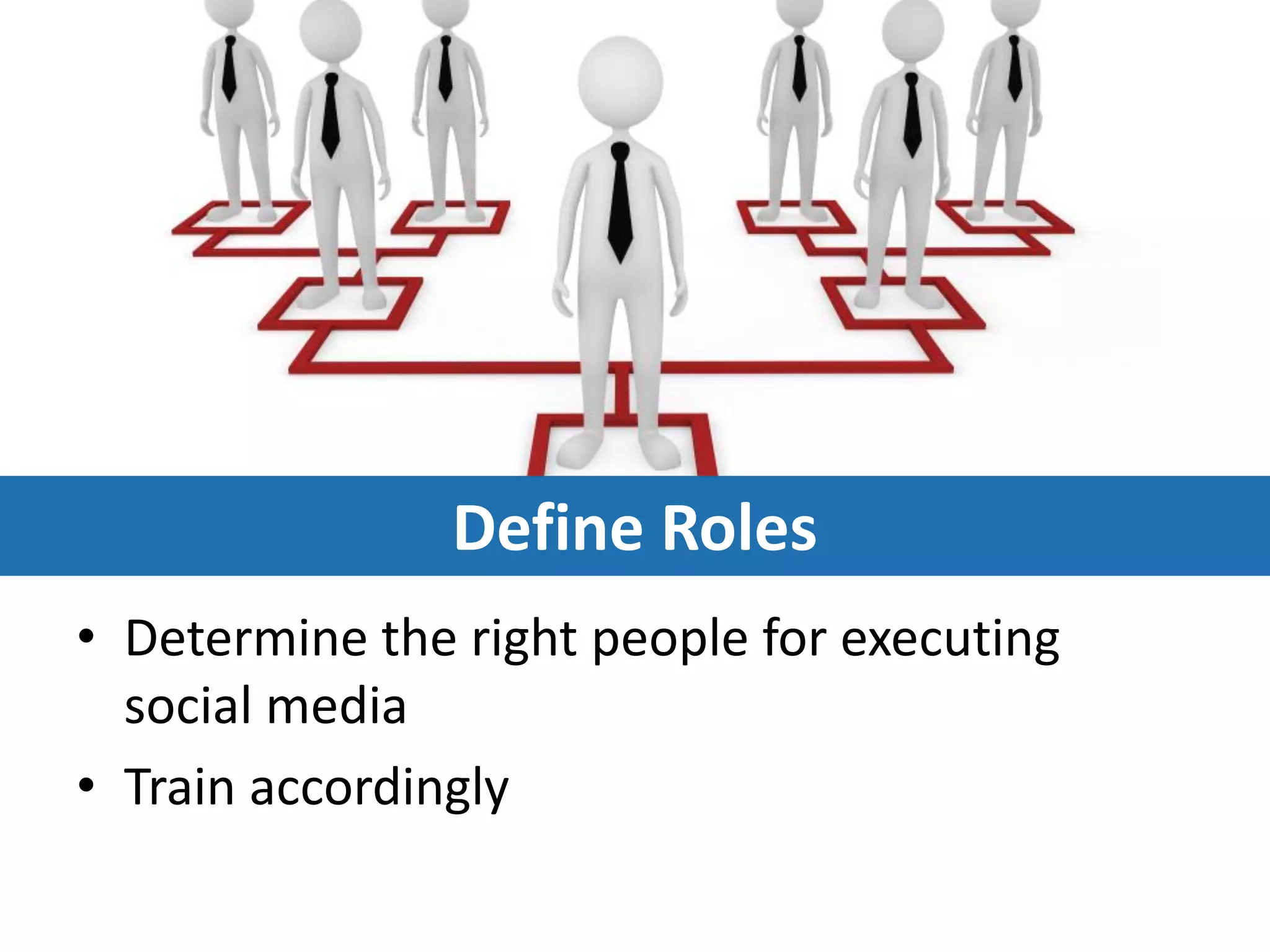 Define Roles
• Determine the right people for executing
  social media
• Train accordingly
 