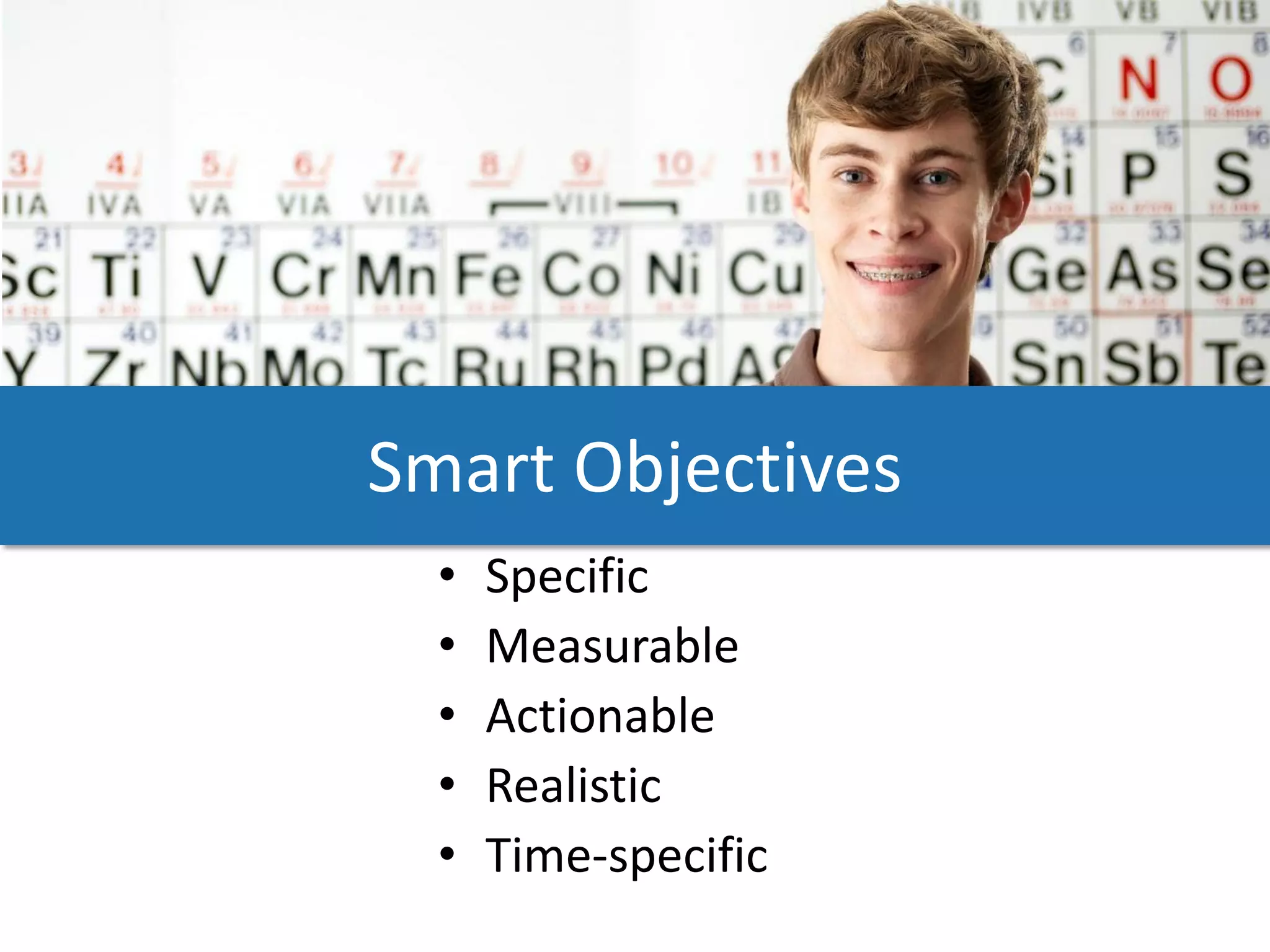 Smart Objectives
  •   Specific
  •   Measurable
  •   Actionable
  •   Realistic
  •   Time-specific
 