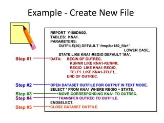 Example - Create New File
REPORT Y180DM02.
TABLES: KNA1.
PARAMETERS:
OUTFILE(20) DEFAULT ‘/tmp/bc180_file1’
LOWER CASE,
STATE LIKE KNA1-REGIO DEFAULT ‘MA’.
DATA: BEGIN OF OUTREC,
KUNNR LIKE KNA1-KUNNR,
REGIO LIKE KNA1-REGIO,
TELF1 LIKE KNA1-TELF1,
END OF OUTREC.
OPEN DATASET OUTFILE FOR OUTPUT IN TEXT MODE.
SELECT * FROM KNA1 WHERE REGIO = STATE.
MOVE-CORRESPONDING KNA1 TO OUTREC.
TRANSFER OUTREC TO OUTFILE.
ENDSELECT.
CLOSE DATASET OUTFILE.
Step #1
Step #2
Step #3
Step #4
Step #5
 