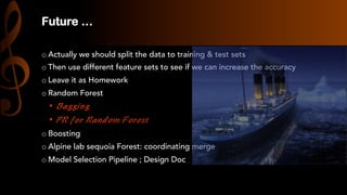 Regression 
Classifiers 
Continuous 
Variables 
Categorical 
Variables 
Decision 
Trees 
k-­‐NN(Nearest 
Neighbors) 
Bias 
Variance 
Model Complexity 
Over-fitting 
Bagging 
BoosMng 
CART 
 
