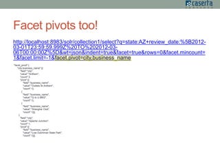 Facet pivots too!
http://localhost:8983/solr/collection1/select?q=state:AZ+review_date:%5B2012-
03-01T23:59:59.999Z%20TO%202012-03-
06T00:00:00Z%5D&wt=json&indent=true&facet=true&rows=0&facet.mincount=
1&facet.limit=-1&facet.pivot=city,business_name
"facet_pivot":{
"city,business_name":[{
"field":"city",
"value":"Anthem",
"count":3,
"pivot":[{
"field":"business_name",
"value":"Outlets At Anthem",
"count":1},
{
"field":"business_name",
"value":"Q to U BBQ",
"count":1},
{
"field":"business_name",
"value":"Shanghai Club",
"count":1}]},
{
"field":"city",
"value":"Apache Junction",
"count":1,
"pivot":[{
"field":"business_name",
"value":"Lost Dutchman State Park",
"count":1}]},
 