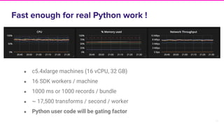 24
● c5.4xlarge machines (16 vCPU, 32 GB)
● 16 SDK workers / machine
● 1000 ms or 1000 records / bundle
● ~ 17,500 transforms / second / worker
● Python user code will be gating factor
 