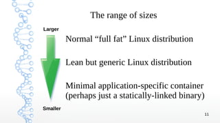 11
The range of sizes
Normal “full fat” Linux distribution
Lean but generic Linux distribution
Minimal application-specific container
(perhaps just a statically-linked binary)
Larger
Smaller
 