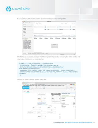 13
BEST PRACTICES FOR USING TABLEAU WITH SNOWFLAKE
If our underlying data model uses the recommended approach of linking tables:
The Tableau query engine produces the following optimal query that joins only the tables needed and
returns just the columns we are displaying:
SELECT "Customers"."C_MKTSEGMENT" AS "C_MKTSEGMENT",
	 COUNT(DISTINCT "Orders"."O_ORDERKEY") AS "ctd:O_ORDERKEY:ok",
	 DATE_TRUNC('MONTH',"Orders"."O_ORDERDATE") AS "tmn:O_ORDERDATE:ok"
FROM "TPCH1"."LINEITEM" "LineItem"
	 INNER JOIN "TPCH1"."ORDERS" "Orders" ON ("LineItem"."L_ORDERKEY" = "Orders"."O_ORDERKEY")
	 INNER JOIN "TPCH1"."CUSTOMER" "Customers" ON ("Orders"."O_CUSTKEY" = "Customers"."C_CUSTKEY")
GROUP BY 1,
	3
This results in the following optimal query plan:
 