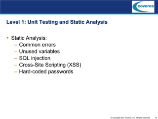 12© Copyright 2013 Coveros, Inc. All rights reserved.
Level 1: Unit Testing and Static Analysis
 Static Analysis:
– Common errors
– Unused variables
– SQL injection
– Cross-Site Scripting (XSS)
– Hard-coded passwords
 
