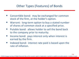 © 2013 Cengage Learning. All Rights Reserved. May not be scanned, copied, or duplicated, or posted to a publicly accessible website, in whole or in part.
Other Types (Features) of Bonds
• Convertible bond: may be exchanged for common
stock of the firm, at the holder’s option.
• Warrant: long-term option to buy a stated number
of shares of common stock at a specified price.
• Putable bond: allows holder to sell the bond back
to the company prior to maturity.
• Income bond: pays interest only when interest is
earned by the firm.
• Indexed bond: interest rate paid is based upon the
rate of inflation.
7-9
 