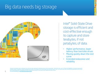 Big data needs big storage
Intel® Solid-State Drive
storage is efficient and
cost-effective enough
to capture and store
terabytes, if not
petabytes, of data.
• Higher performance, lower
latency than hard disk drives
• Moving quickly down the cost
curve
• Extended endurance and
reliability
6
Software and workloads used in performance tests may have been optimized for performance only on Intel microprocessors. Performance tests, such as SYSmark and MobileMark, are measured using specific
computer systems, components, software, operations and functions. Any change to any of those factors may cause the results to vary. You should consult other information and performance tests to assist
you in fully evaluating your contemplated purchases, including the performance of that product when combined with other products.
For more information go to http://www.intel.com/performance
 