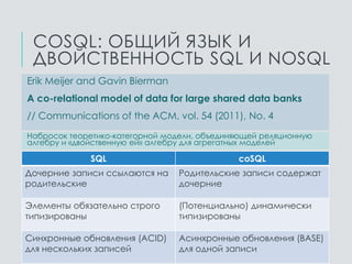 COSQL: ОБЩИЙ ЯЗЫК И
ДВОЙСТВЕННОСТЬ SQL И NOSQL
Erik Meijer and Gavin Bierman
A co-relational model of data for large shared data banks
// Communications of the ACM, vol. 54 (2011), No. 4
SQL coSQL
Дочерние записи ссылаются на
родительские
Родительские записи содержат
дочерние
Элементы обязательно строго
типизированы
(Потенциально) динамически
типизированы
Синхронные обновления (ACID)
для нескольких записей
Асинхронные обновления (BASE)
для одной записи
Набросок теоретико-категорной модели, объединяющей реляционную
алгебру и «двойственную ей» алгебру для агрегатных моделей
 