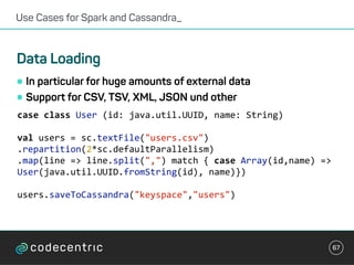 •In particular for huge amounts of external data
•Support for CSV, TSV, XML, JSON und other
Use Cases for Spark and Cassandra_
67
Data Loading
case	class	User	(id:	java.util.UUID,	name:	String)	
val	users	=	sc.textFile("users.csv")
.repartition(2*sc.defaultParallelism)
.map(line	=>	line.split(",")	match	{	case	Array(id,name)	=>	
User(java.util.UUID.fromString(id),	name)})	
users.saveToCassandra("keyspace","users")	
 
