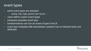© 2015 Rocana, Inc. All Rights Reserved.
event types
12
• some event types are standard
– syslog, http, log4j, generic text record, …
• users define custom event types
• producers populate event type
• transformations can turn an event of type A into B
• event type metadata tells downstream systems how to interpret body and
attributes
 