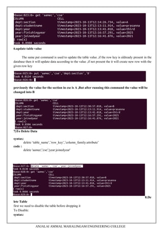 ANJALAI AMMAL MAHALINGAM ENGINEERING COLLEGE
6.update table value
The same put command is used to update the table value ,if the row key is aldready present in the
database then it will update data according to the value ,if not present the it will create new row with the
given row key
previously the value for the section in cse is A ,But after running this command the value will be
changed into B
7)To Delete Data
syntax:
delete ‘table_name’,’row_key’,’column_family:attribute’
code :
delete 'aamec','cse','year:joinedyear'
8.De
lete Table
first we need to disable the table before dropping it
To Disable:
syntax:
 