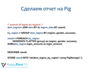 Сделаем отчет на Pig
/* amount of logins by regions */
dem_logins= JOIN dem BY id, logins_data BY userid;
by_region = GROUP dem_logins BY (region, gender, success);
result = FOREACH by_region
GENERATE FLATTEN (group) as (region, gender, success),
SUM(dem_logins.login_amount) as login_amount;
DESCRIBE result;
STORE result INTO '/ok/dem_logins_by_region' using PigStorage(',');
 