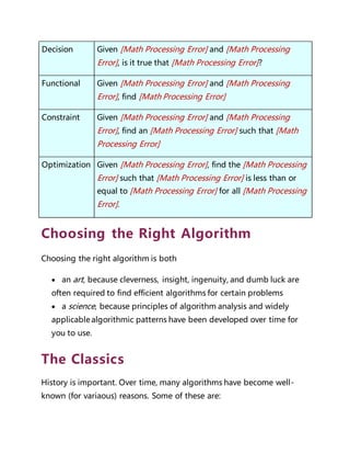 Decision Given [Math Processing Error] and [Math Processing
Error], is it true that [Math Processing Error]?
Functional Given [Math Processing Error] and [Math Processing
Error], find [Math Processing Error]
Constraint Given [Math Processing Error] and [Math Processing
Error], find an [Math Processing Error] such that [Math
Processing Error]
Optimization Given [Math Processing Error], find the [Math Processing
Error] such that [Math Processing Error] is less than or
equal to [Math Processing Error] for all [Math Processing
Error].
Choosing the Right Algorithm
Choosing the right algorithm is both
 an art, because cleverness, insight, ingenuity, and dumb luck are
often required to find efficient algorithms for certain problems
 a science, because principles of algorithm analysis and widely
applicable algorithmic patterns have been developed over time for
you to use.
The Classics
History is important. Over time, many algorithms have become well-
known (for variaous) reasons. Some of these are:
 