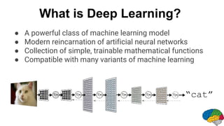 “cat”
● A powerful class of machine learning model
● Modern reincarnation of artificial neural networks
● Collection of simple, trainable mathematical functions
● Compatible with many variants of machine learning
What is Deep Learning?
 