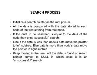 SEARCH PROCESS
• Initialize a search pointer as the root pointer.
• All the data is compared with the data stored in each
node of the tree starting from root node.
• If the data to be searched is equal to the data of the
node then print “successful” search.
• Else if the data is less than node’s data move the pointer
to left subtree. Else data is more than node’s data move
the pointer to right subtree.
• Keep moving in the tree until the data is found or search
pointer comes to NULL in which case it is an
“unsuccessful” search.
 