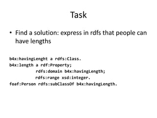 Task
• Find	a	solution:	express	in	rdfs that	people	can	
have	lengths
b4x:havingLenght a rdfs:Class.
b4x:length a rdf:Property;
rdfs:domain b4x:havingLength;
rdfs:range xsd:integer.
foaf:Person rdfs:subClassOf b4x:havingLength.
 
