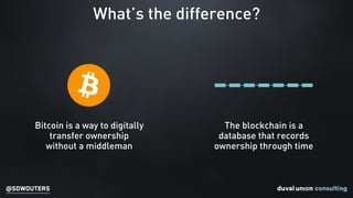 @SDWOUTERS
What’s the difference?
Bitcoin is a way to digitally
transfer ownership
without a middleman
The blockchain is a
database that records
ownership through time
 