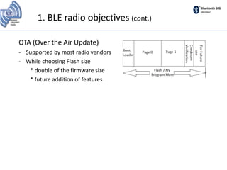 Bluetooth SIG
Member
OTA (Over the Air Update)
- Supported by most radio vendors
- While choosing Flash size
* double of the firmware size
* future addition of features
1. BLE radio objectives (cont.)
 