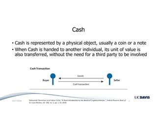 Cash
• Cash is represented by a physical object, usually a coin or a note
• When Cash is handed to another individual, its unit of value is
also transferred, without the need for a third party to be involved
Aleksander Berentsen and Fabian Schär, “A Short Introduction to the World of Cryptocurrencies ”, Federal Reserve Bank of
St. Louis Review, vol. 100, no. 1, pp. 1-16, 2018.
10/17/2018 2
 