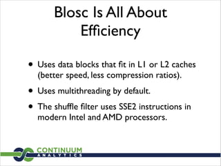 Blosc Is All About
Efﬁciency
• Uses data blocks that ﬁt in L1 or L2 caches
(better speed, less compression ratios).	

• Uses multithreading by default.	

• The shufﬂe ﬁlter uses SSE2 instructions in
modern Intel and AMD processors.
 
