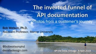 Photos from a customer’s journey
API the Docs, Chicago 8 April 2019
Bob Watson, Ph.D.
Assistant Professor, Mercer University
@bobwatsonphd
docsbydesign.com
 