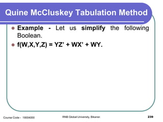 Quine McCluskey Tabulation Method
 Example - Let us simplify the following
Boolean.
 f(W,X,Y,Z) = YZ’ + WX’ + WY.
239RNB Global University, Bikaner.Course Code - 19004000
 