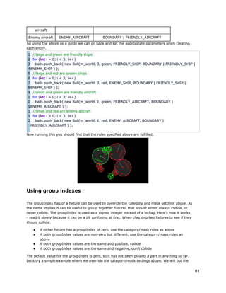 aircraft
Enemy aircraft

ENEMY_AIRCRAFT

BOUNDARY | FRIENDLY_AIRCRAFT

So using the above as a guide we can go back and set the appropriate parameters when creating
each entity.
1 //large and green are friendly ships
2 for (int i = 0; i < 3; i++)
3
balls.push_back( new Ball(m_world, 3,
4 ENEMY_SHIP ) );
5 //large and red are enemy ships
6 for (int i = 0; i < 3; i++)
7
balls.push_back( new Ball(m_world, 3,
8 ENEMY_SHIP ) );
9 //small and green are friendly aircraft
1 for (int i = 0; i < 3; i++)
0
balls.push_back( new Ball(m_world, 1,
1 ENEMY_AIRCRAFT ) );
1 //small and red are enemy aircraft
1 for (int i = 0; i < 3; i++)
2
balls.push_back( new Ball(m_world, 1,
FRIENDLY_AIRCRAFT ) );

green, FRIENDLY_SHIP, BOUNDARY | FRIENDLY_SHIP |

red, ENEMY_SHIP, BOUNDARY | FRIENDLY_SHIP |

green, FRIENDLY_AIRCRAFT, BOUNDARY |

red, ENEMY_AIRCRAFT, BOUNDARY |

Now running this you should find that the rules specified above are fulfilled.

Using group indexes
The groupIndex flag of a fixture can be used to override the category and mask settings above. As
the name implies it can be useful to group together fixtures that should either always collide, or
never collide. The groupIndex is used as a signed integer instead of a bitflag. Here's how it works
- read it slowly because it can be a bit confusing at first. When checking two fixtures to see if they
should collide:
●
●
●
●

if either fixture has a groupIndex of zero, use the category/mask rules as above
if both groupIndex values are non-zero but different, use the category/mask rules as
above
if both groupIndex values are the same and positive, collide
if both groupIndex values are the same and negative, don't collide

The default value for the groupIndex is zero, so it has not been playing a part in anything so far.
Let's try a simple example where we override the category/mask settings above. We will put the

81

 