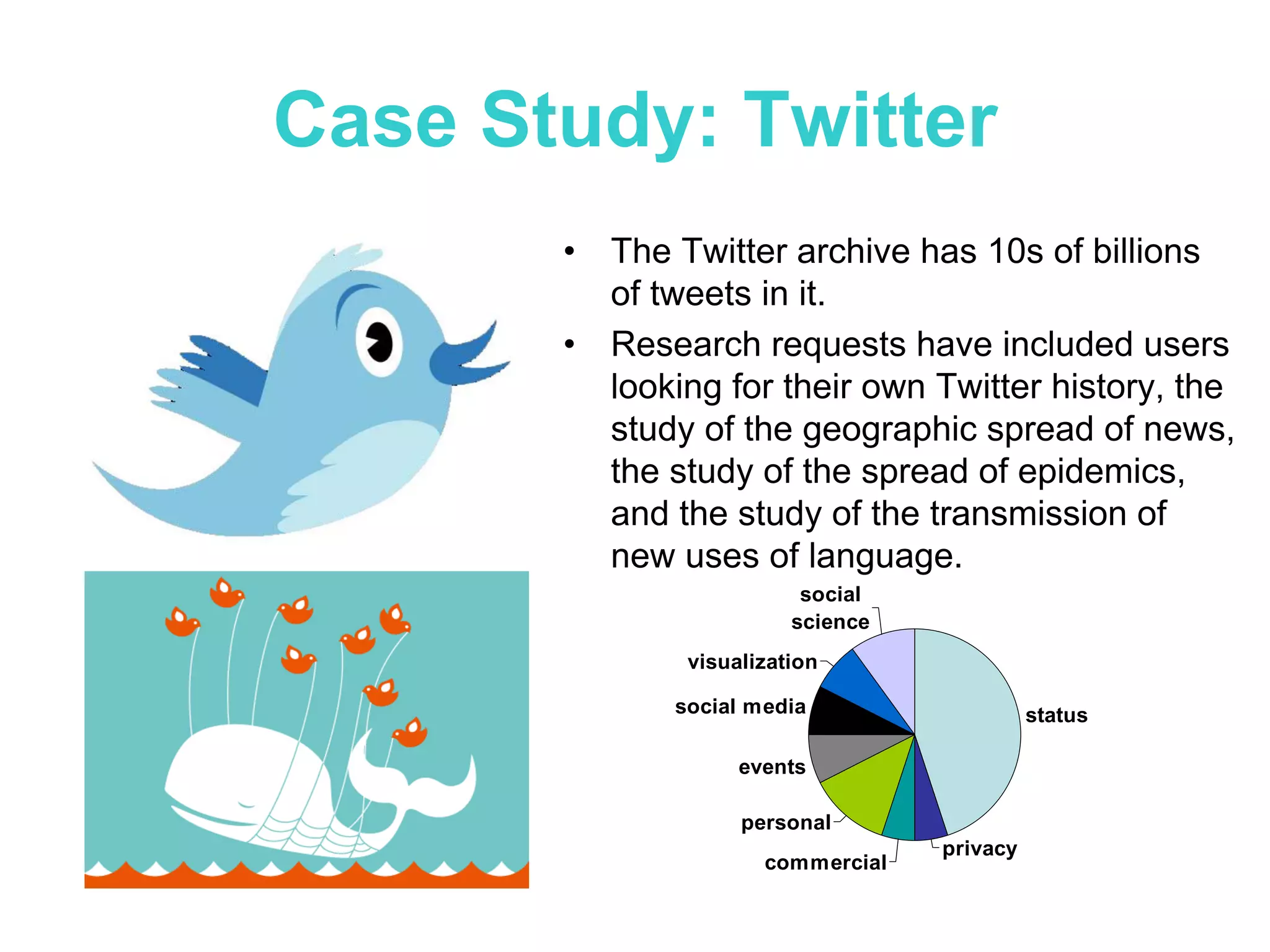 Case Study: Twitter
       •   The Twitter archive has 10s of billions
           of tweets in it.
       •   Research requests have included users
           looking for their own Twitter history, the
           study of the geographic spread of news,
           the study of the spread of epidemics,
           and the study of the transmission of
           new uses of language.
                           social
                          science
                visualization

               social media                   status

                     events

                     personal
                                    privacy
                       commercial
 