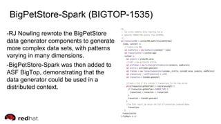 BigPetStore-Spark (BIGTOP-1535)
-RJ Nowling rewrote the BigPetStore
data generator components to generate
more complex data sets, with patterns
varying in many dimensions.
-BigPetStore-Spark was then added to
ASF BigTop, demonstrating that the
data generator could be used in a
distributed context.
 