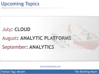 Twitter Tag: #briefr The Briefing Room
July: CLOUD
August: ANALYTIC PLATFORMS
September: ANALYTICS
Upcoming Topics
www.insideanalysis.com
 