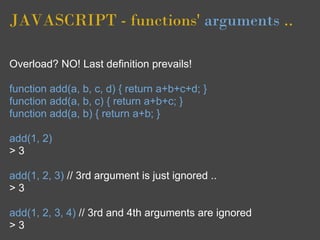 JAVASCRIPT - functions' arguments ..

Overload? NO! Last definition prevails!

function add(a, b, c, d) { return a+b+c+d; }
function add(a, b, c) { return a+b+c; }
function add(a, b) { return a+b; }

add(1, 2)
>3

add(1, 2, 3) // 3rd argument is just ignored ..
>3

add(1, 2, 3, 4) // 3rd and 4th arguments are ignored
>3
 
