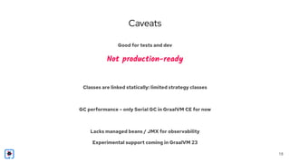 Caveats
Good for tests and dev
Not production-ready
Classes are linked statically: limited strategy classes
GC performance – only Serial GC in GraalVM CE for now
Lacks managed beans / JMX for observability
Experimental support coming in GraalVM 23
18
 