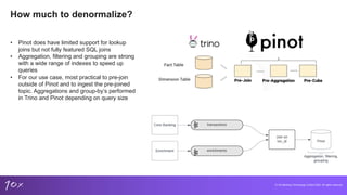© 10x Banking Technology Limited 2022. All rights reserved
How much to denormalize?
• Pinot does have limited support for lookup
joins but not fully featured SQL joins
• Aggregation, filtering and grouping are strong
with a wide range of indexes to speed up
queries
• For our use case, most practical to pre-join
outside of Pinot and to ingest the pre-joined
topic. Aggregations and group-by’s performed
in Trino and Pinot depending on query size
 