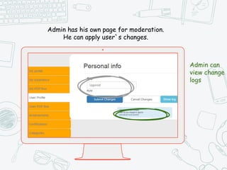 Admin has his own page for moderation.
He can apply user`s changes.
Admin can
view change
logs
 