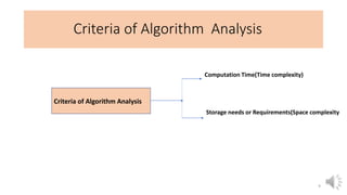 Criteria of Algorithm Analysis
9
Criteria of Algorithm Analysis
Computation Time(Time complexity)
Storage needs or Requirements(Space complexity
 